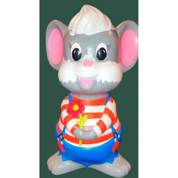 Vintage Mouse Ceramic Coin Bank With Red White Striped Shirt Blue Overalls Kit - Picture 2 of 9